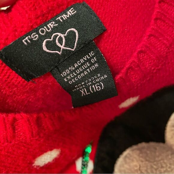 Penguin Plush Appliqué Crewneck Girl’s Red Christmas Sweater, White Polk… - Picture 9 of 10